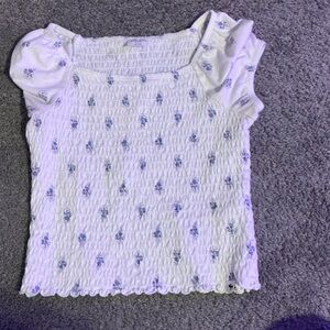 abercrombie kids White Smocked Puff-Sleeve Top with Blue Floral Motif